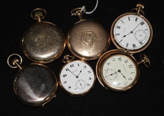 Six assorted gold plated pocket watches.